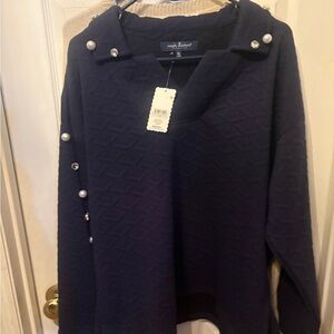 Simply Southern Navy Quilted V‑Neck Pullover with Pearl Accents